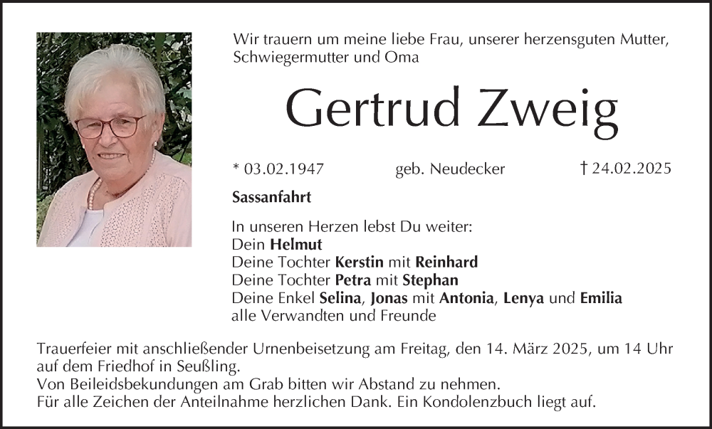  Traueranzeige für Gertrud Zweig vom 08.03.2025 aus MGO