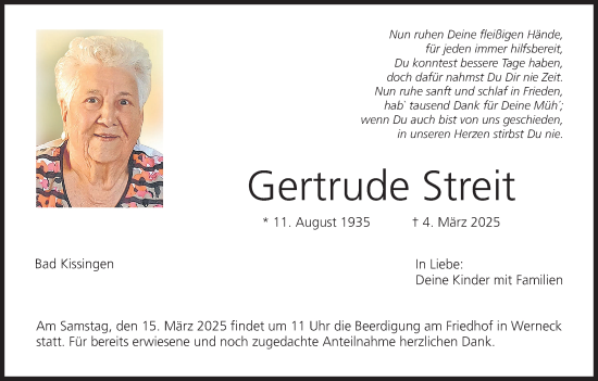 Anzeige von Gertrude Streit von MGO