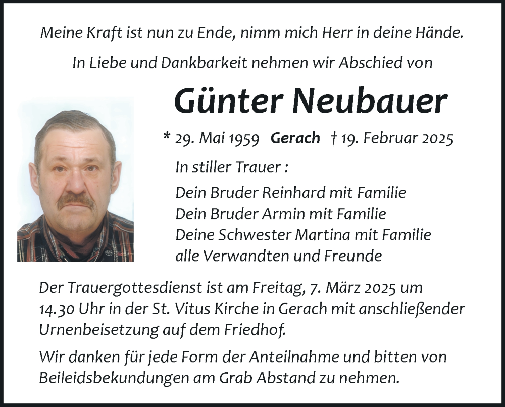  Traueranzeige für Günter Neubauer vom 05.03.2025 aus MGO