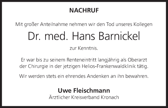 Anzeige von Hans Barnickel von MGO