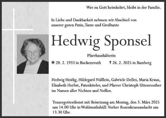 Anzeige von Hedwig Sponsel von MGO