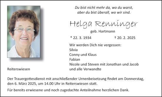 Anzeige von Helga Renninger von MGO