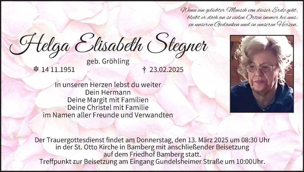  Traueranzeige für Helga Elisabeth Stegner vom 08.03.2025 aus MGO