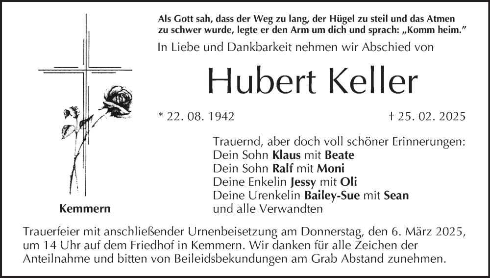  Traueranzeige für Hubert Keller vom 01.03.2025 aus MGO