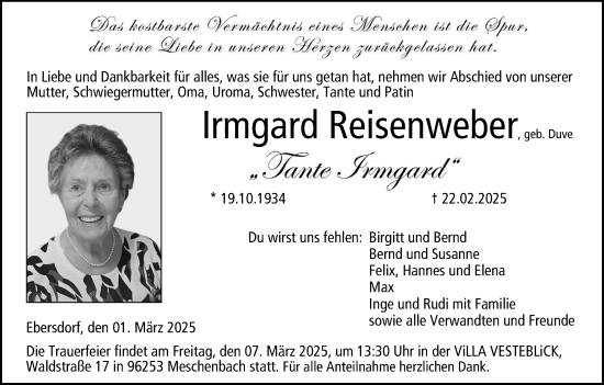 Anzeige von Irmgard Reisenweber von MGO