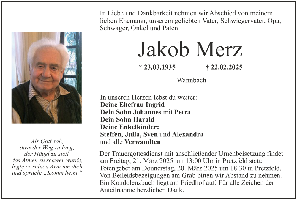  Traueranzeige für Jakob Merz vom 15.03.2025 aus MGO