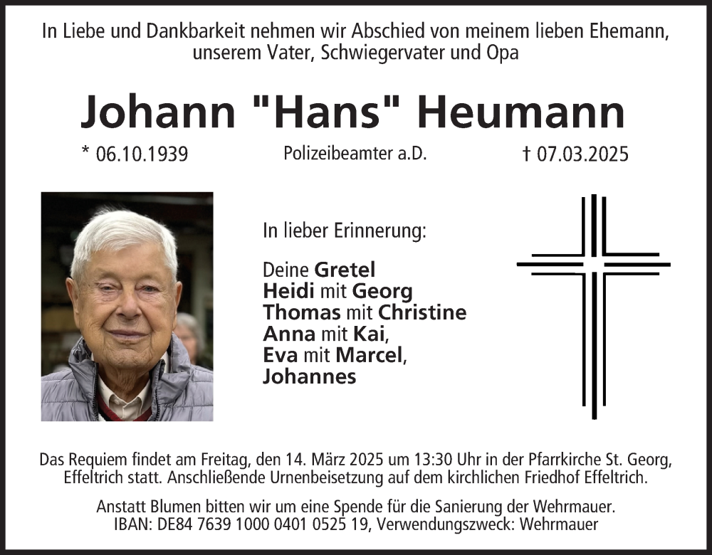  Traueranzeige für Johann Heumann vom 12.03.2025 aus MGO