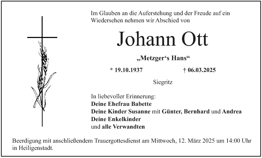  Traueranzeige für Johann Ott vom 08.03.2025 aus MGO