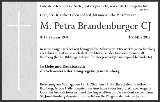 Anzeige von M. Petra Brandenburger von MGO