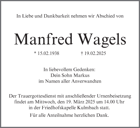 Anzeige von Manfred Wagels von MGO