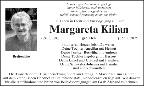 Anzeige von Margareta Kilian von MGO