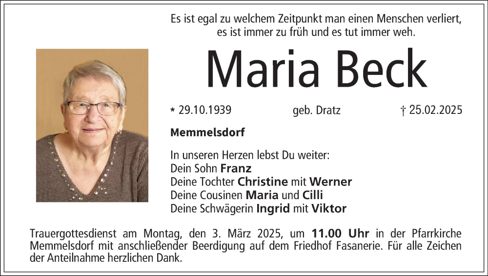  Traueranzeige für Maria Beck vom 01.03.2025 aus MGO