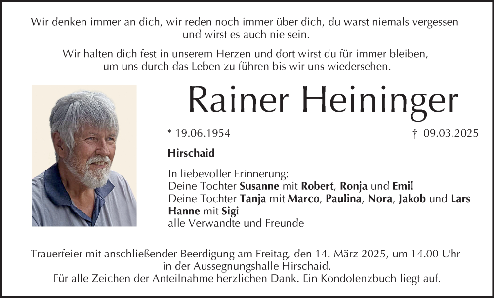  Traueranzeige für Rainer Heininger vom 12.03.2025 aus MGO