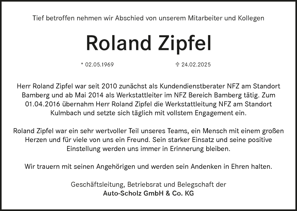  Traueranzeige für Roland Zipfel vom 14.03.2025 aus MGO