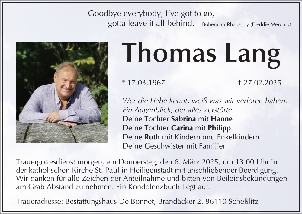  Traueranzeige für Thomas Lang vom 05.03.2025 aus MGO