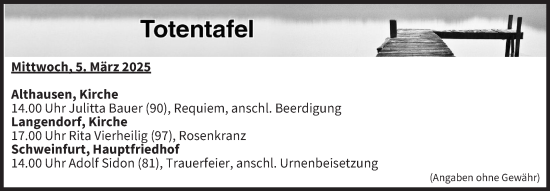 Anzeige von Totentafel vom 05.03.2025 von MGO