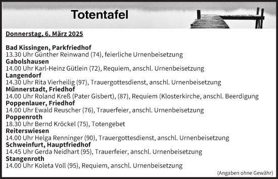 Anzeige von Totentafel vom 06.03.2025 von MGO