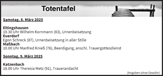 Anzeige von Totentafel vom 08.03.2025 von MGO