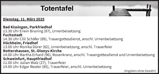 Anzeige von Totentafel vom 11.03.2025 von MGO