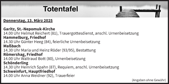 Anzeige von Totentafel vom 13.03.2025 von MGO