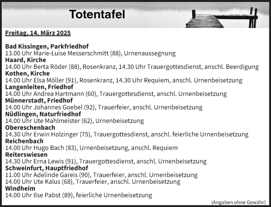 Anzeige von Totentafel vom 14.03.2025 von MGO