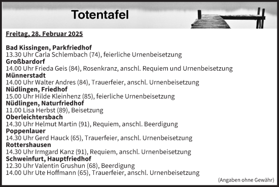 Anzeige von Totentafel vom 28.02.2025 von MGO