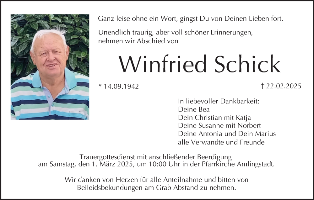  Traueranzeige für Winfried Schick vom 28.02.2025 aus MGO