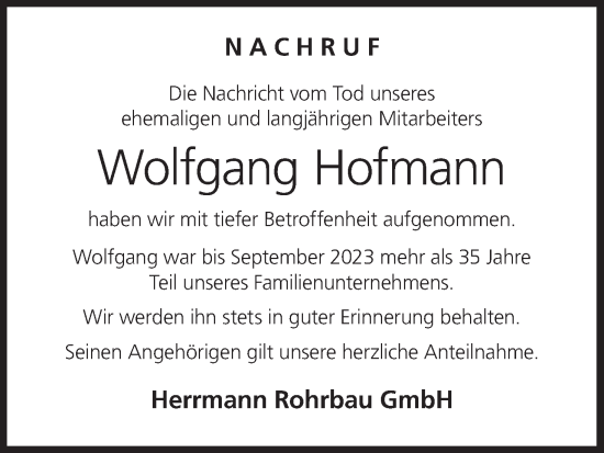 Anzeige von Wolfgang Hofmann von MGO