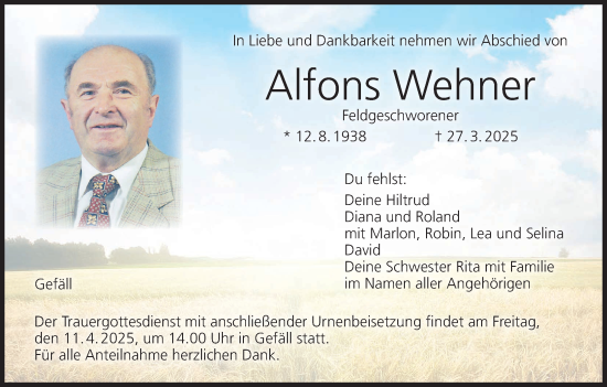 Anzeige von Alfons Wehner von MGO