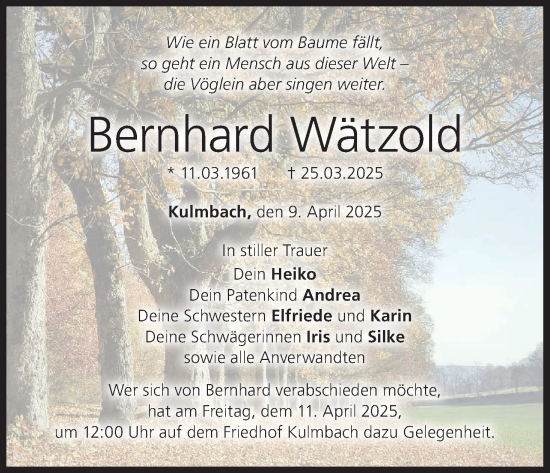 Anzeige von Bernhard Wätzold von MGO