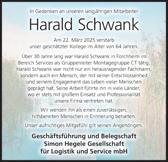 Anzeige von Harald Schwank von MGO