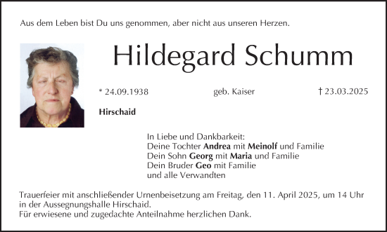 Anzeige von Hildegard Schumm von MGO