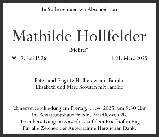 Anzeige von Mathilde Hollfelder von MGO