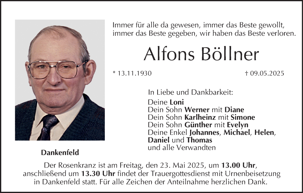  Traueranzeige für Alfons Böllner vom 17.05.2025 aus MGO