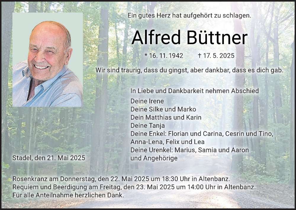  Traueranzeige für Alfred Büttner vom 21.05.2025 aus MGO