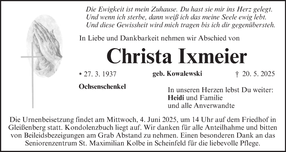  Traueranzeige für Christa Ixmeier vom 30.05.2025 aus MGO