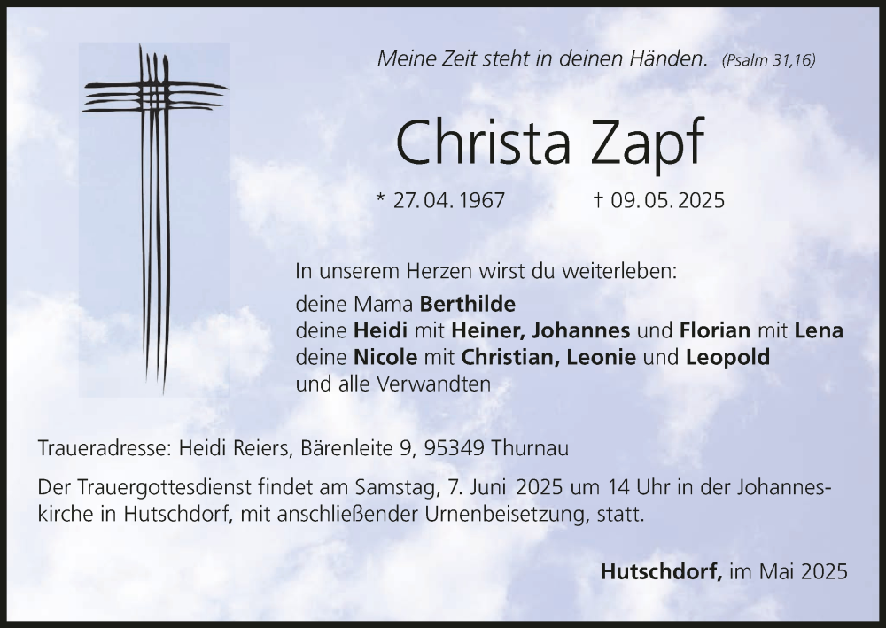  Traueranzeige für Christa Zapf vom 31.05.2025 aus MGO