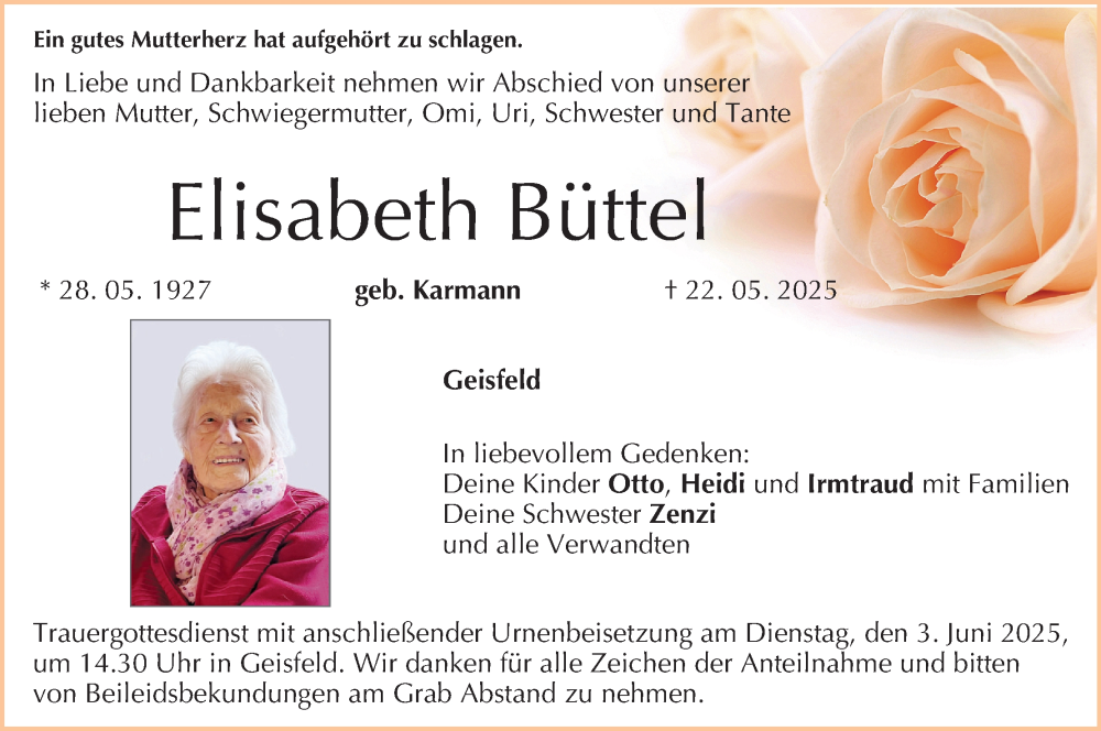  Traueranzeige für Elisabeth Büttel vom 31.05.2025 aus MGO