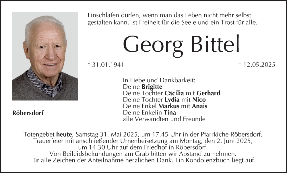  Traueranzeige für Georg Bittel vom 31.05.2025 aus MGO
