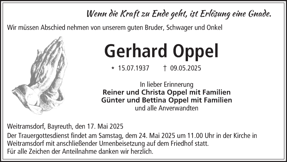  Traueranzeige für Gerhard Oppel vom 17.05.2025 aus MGO