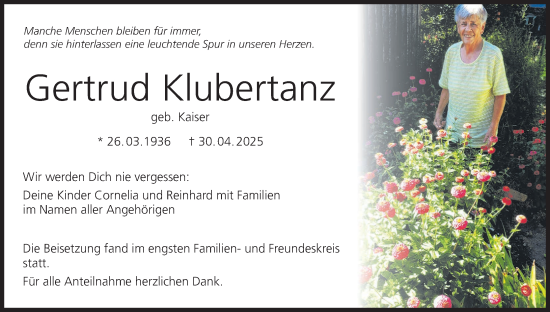 Anzeige von Gertrud Klubertanz von MGO