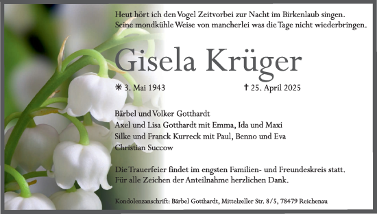 Anzeige von Gisela Krüger von MGO