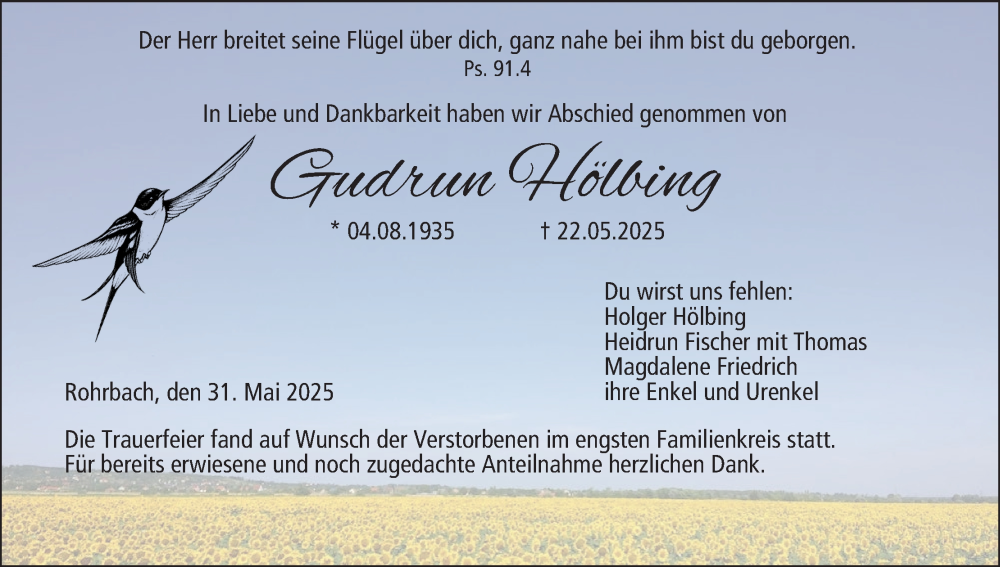  Traueranzeige für Gudrun Hölbing vom 31.05.2025 aus MGO