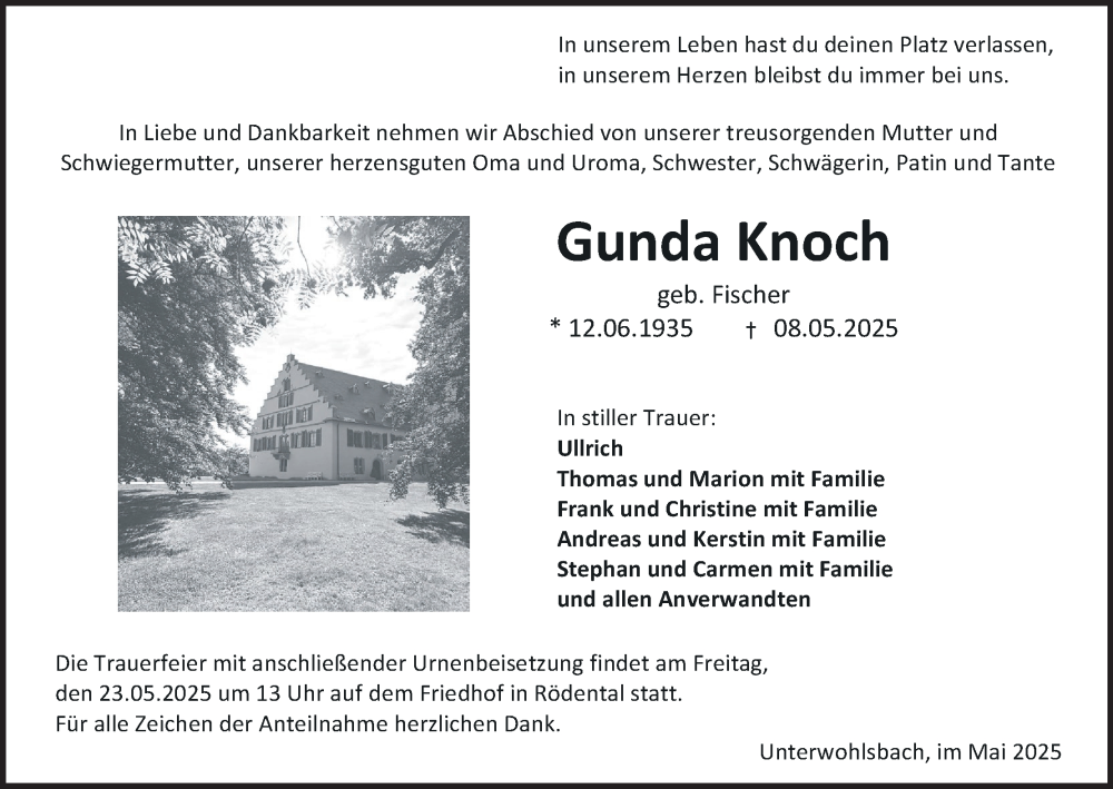  Traueranzeige für Gunda Knoch vom 17.05.2025 aus MGO