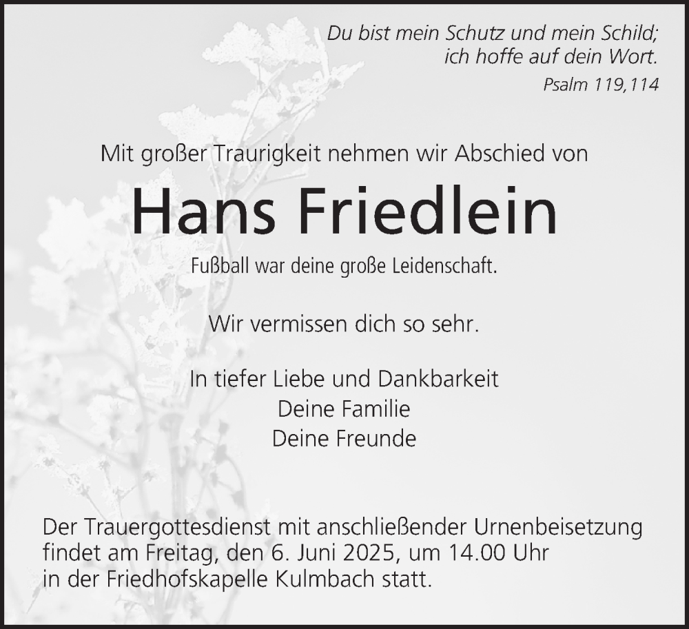  Traueranzeige für Hans Friedlein vom 31.05.2025 aus MGO
