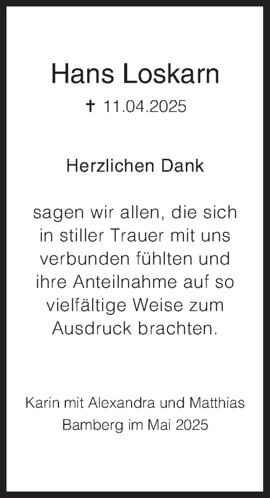  Traueranzeige für Hans Loskarn vom 31.05.2025 aus MGO
