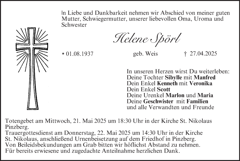  Traueranzeige für Helene Spörl vom 17.05.2025 aus MGO