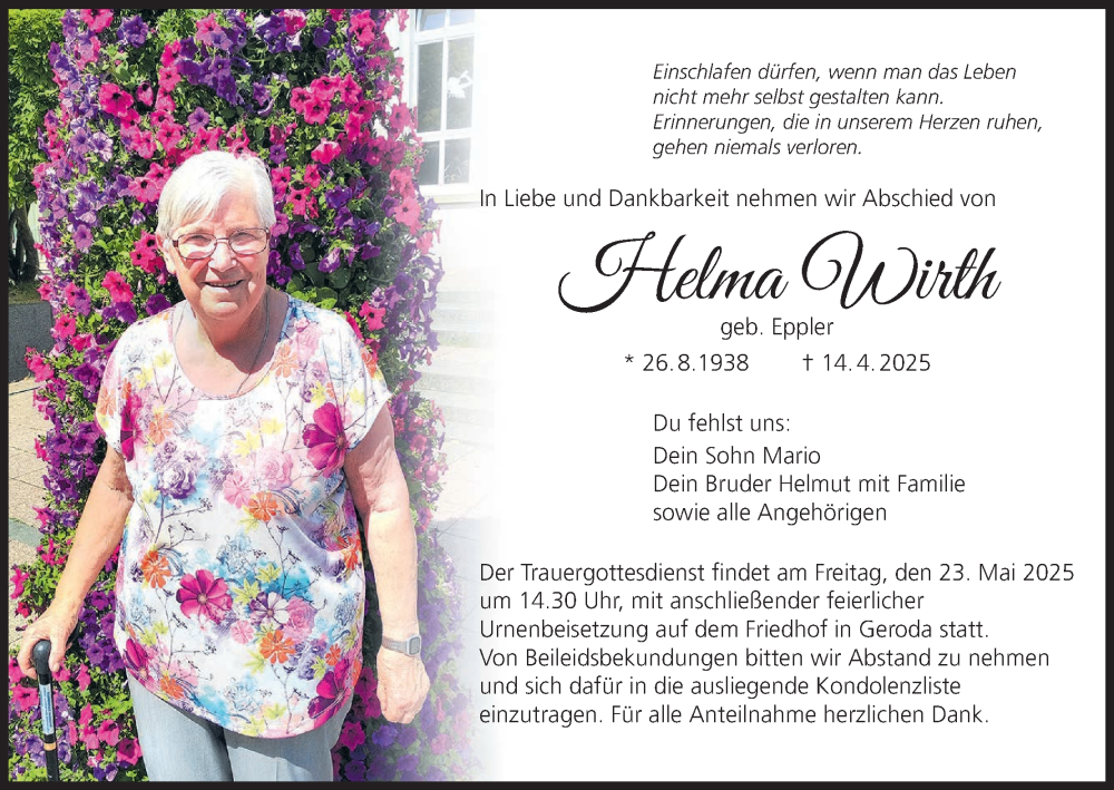  Traueranzeige für Helma Wirth vom 17.05.2025 aus MGO