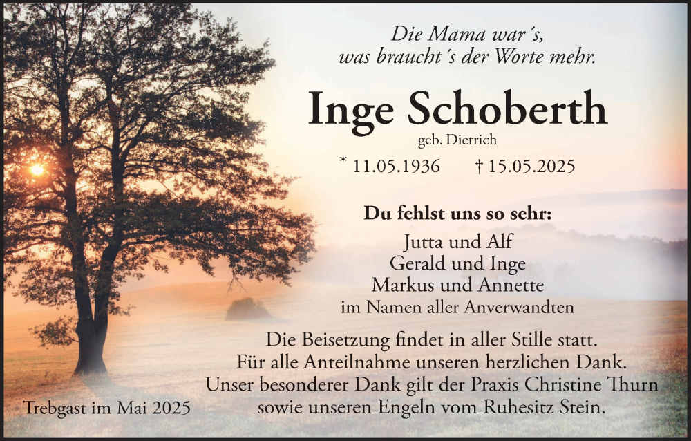  Traueranzeige für Inge Schoberth vom 31.05.2025 aus MGO