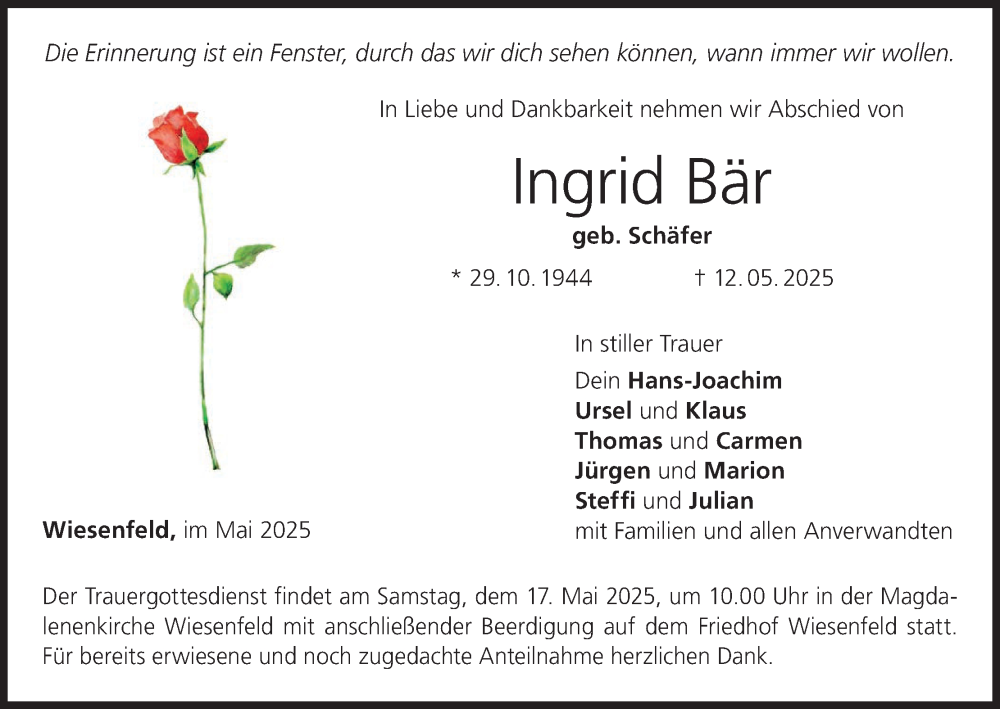  Traueranzeige für Ingrid Bär vom 15.05.2025 aus MGO
